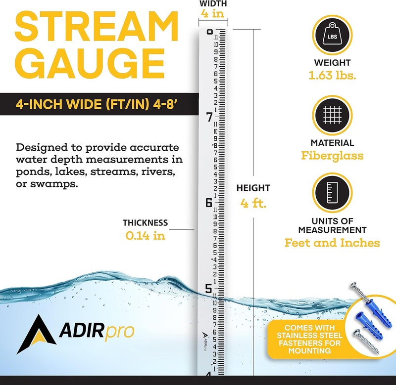 AdirPro 4" Wide Stream Gauge - Heavy Duty Staff Gauge - All Weather Gauge - Water Depth Gauge - Flow Meters - Graduated in Feet/Inches (4-8') - Image 1